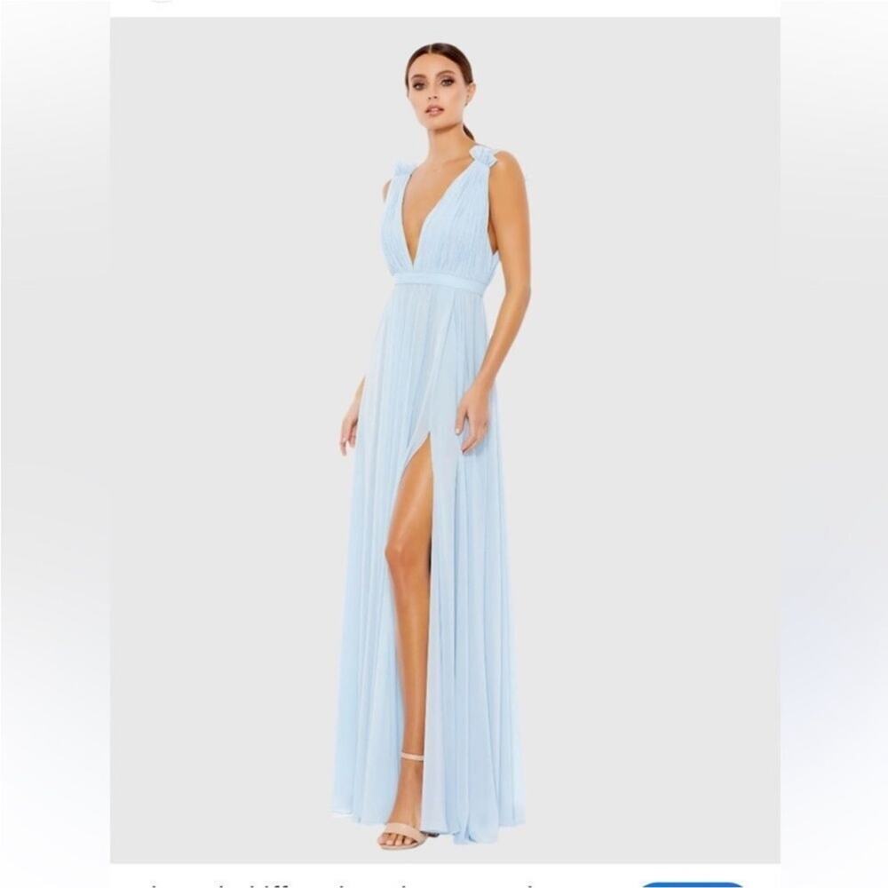 Mac Duggal Pale Blue V-Neck Pleated Maxi Gown with High Slit